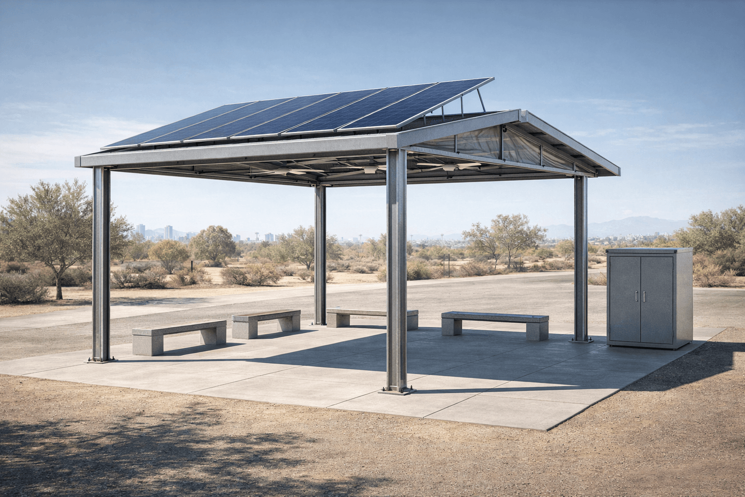 Three-quarter angle showing high-SRI roof and open perimeter design