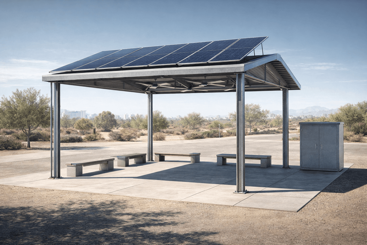 Solar cooling shelter — front view showing steel columns, PV roof, benches, and equipment kiosk