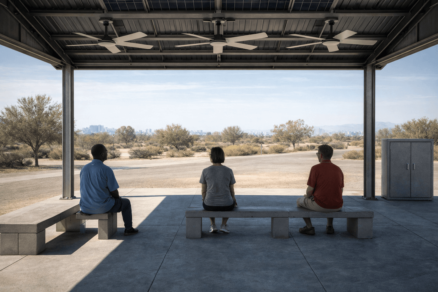 Interior view showing ceiling fans, steel frame, and shaded seating