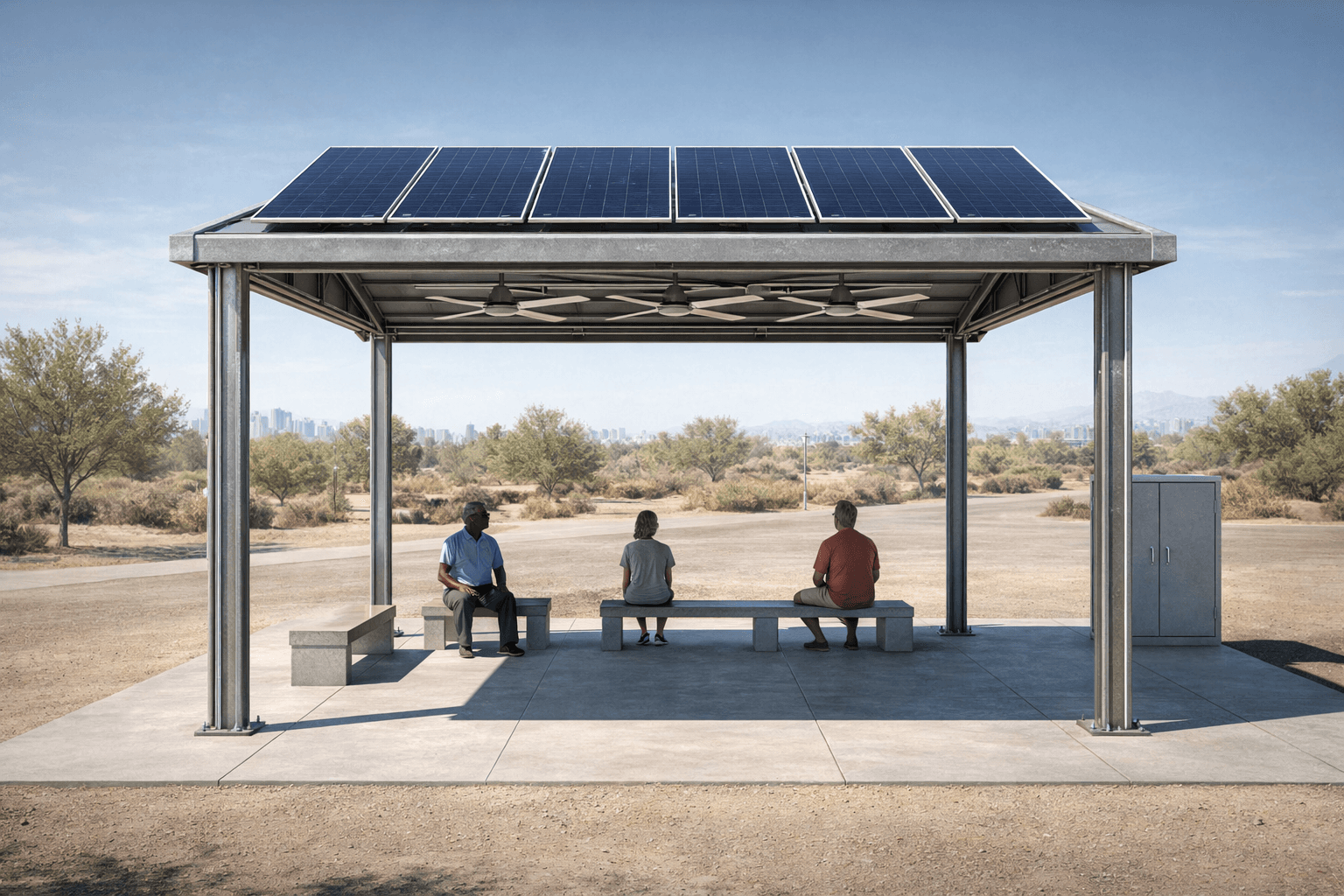 Community members seated under the shelter in Phoenix heat